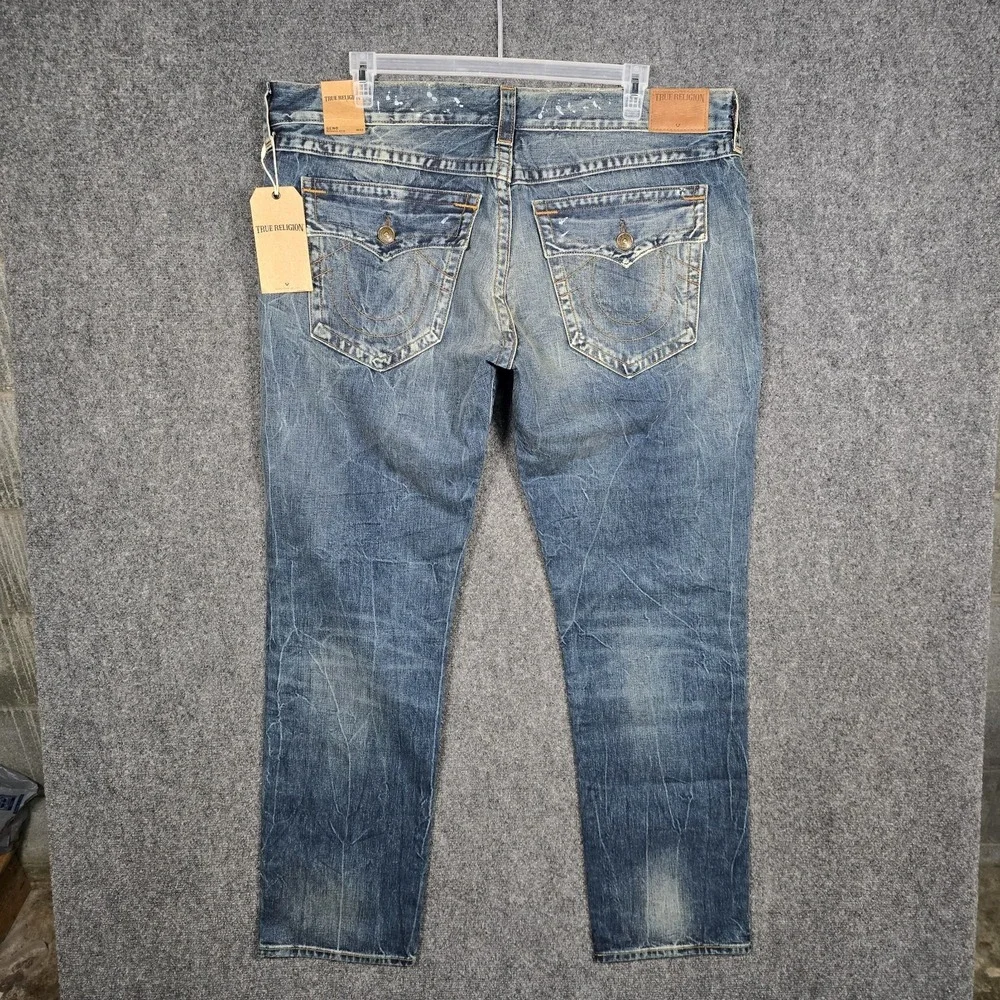 True Religion Jeans Mens 42 Geno Flaps Blue Distressed Relaxed Slim Concrete NEW